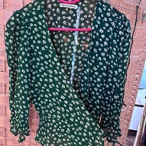 Reformation Dark Green Floral Wrap Blouse